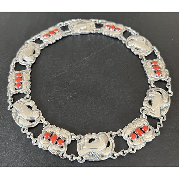 Georg Jensen Denmark Sterling Silver Coral Dove Bird Panel Links Necklace No. 17 - Picture 7 of 10